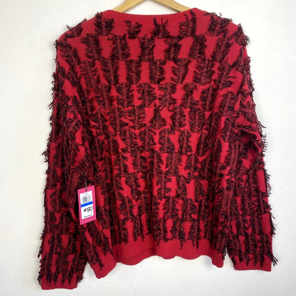 Vince Camuto Chunky Soft Red Black Frayed Grandma Preppy Cotton Eyelash Sweater - Picture 3 of 5
